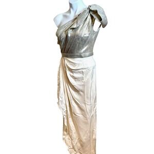 sachin and babi light blue dress Marchesa Notte One-Shoulder Draped Column Midi Dress